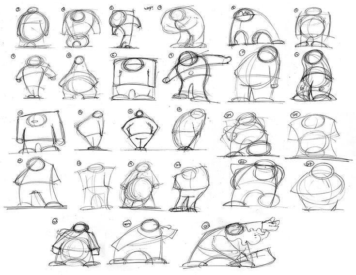 some sketches of people doing different things in the style of cartoon character design, character drawing,