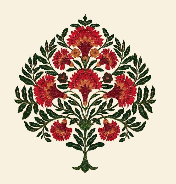 a tree with red flowers and green leaves in the shape of a heart on a white background