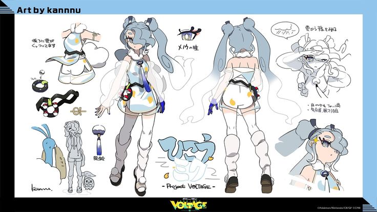 an anime character sheet with various poses and expressions