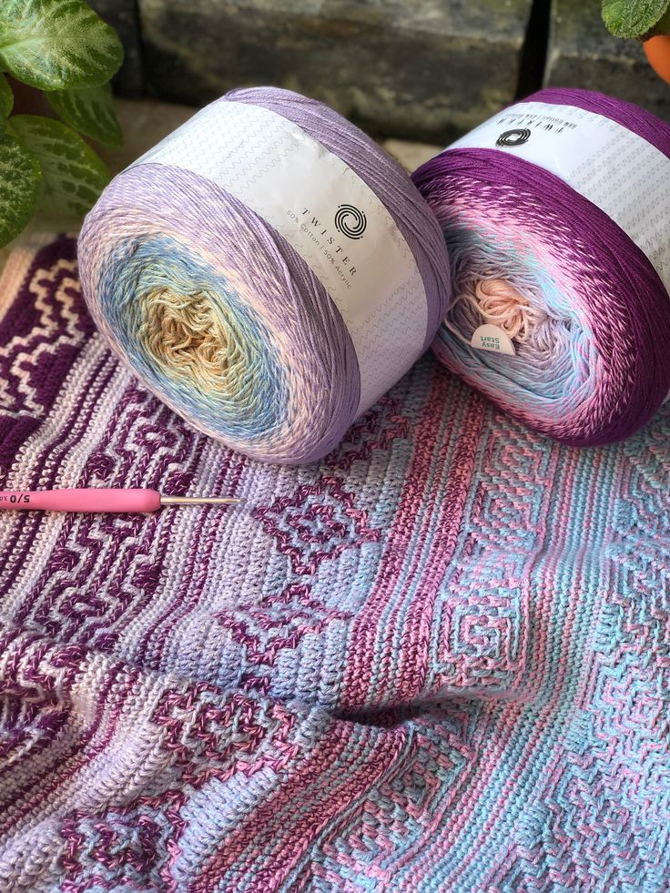 two skeins of yarn sitting on top of a blanket next to a potted plant