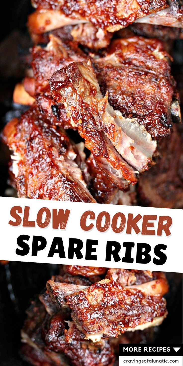 Close up overhead images of spare ribs cooked in a slow cooker and slathered in sauce Spare Ribs Recipe Crockpot, Crock Pot Spareribs, Keto Spare Ribs Crock Pot, Crockpot Spareribs Slow Cooker, Crockpot Pork Ribs Bone In, Bbq Pork Spare Ribs Crock Pot, Slow Cooker Pork Short Ribs, How To Cook Spare Ribs In Crock Pot, Spare Rib Recipes Crockpot