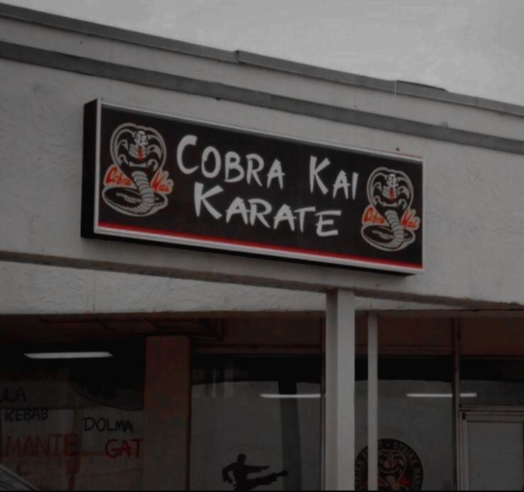 the sign on the building says cobra ka'o karate in black and red lettering