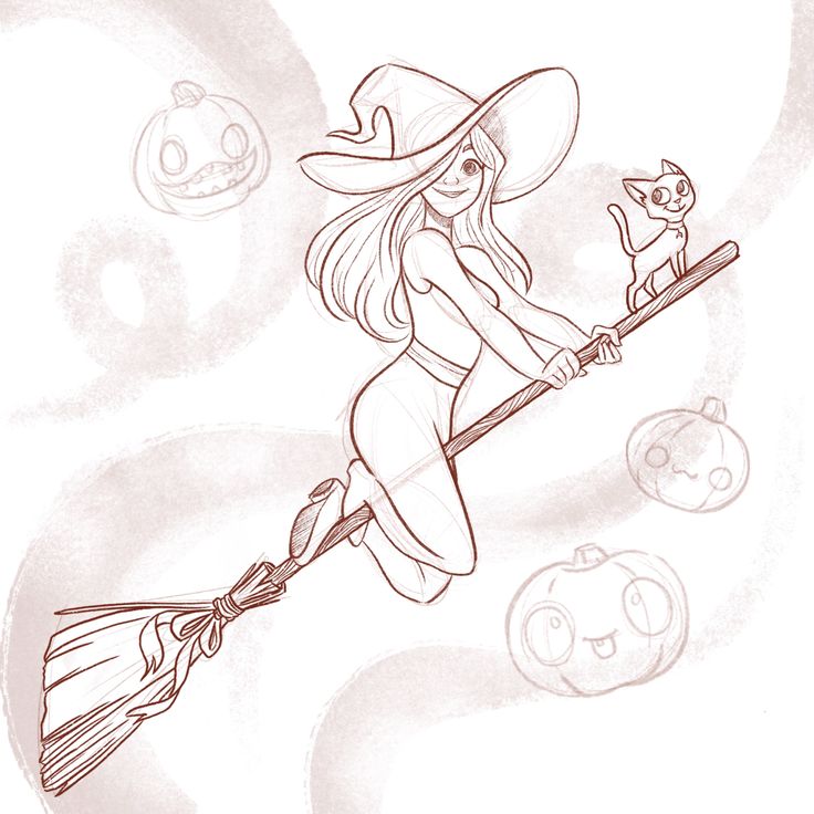 a drawing of a witch flying on a broom with a cat and pumpkins in the background