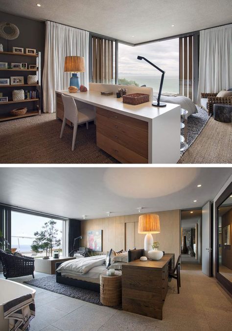 two pictures of a bedroom and living room with large windows