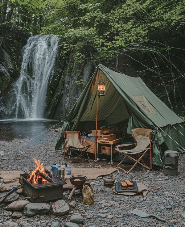 a tent set up next to a waterfall with a fire pit in the foreground