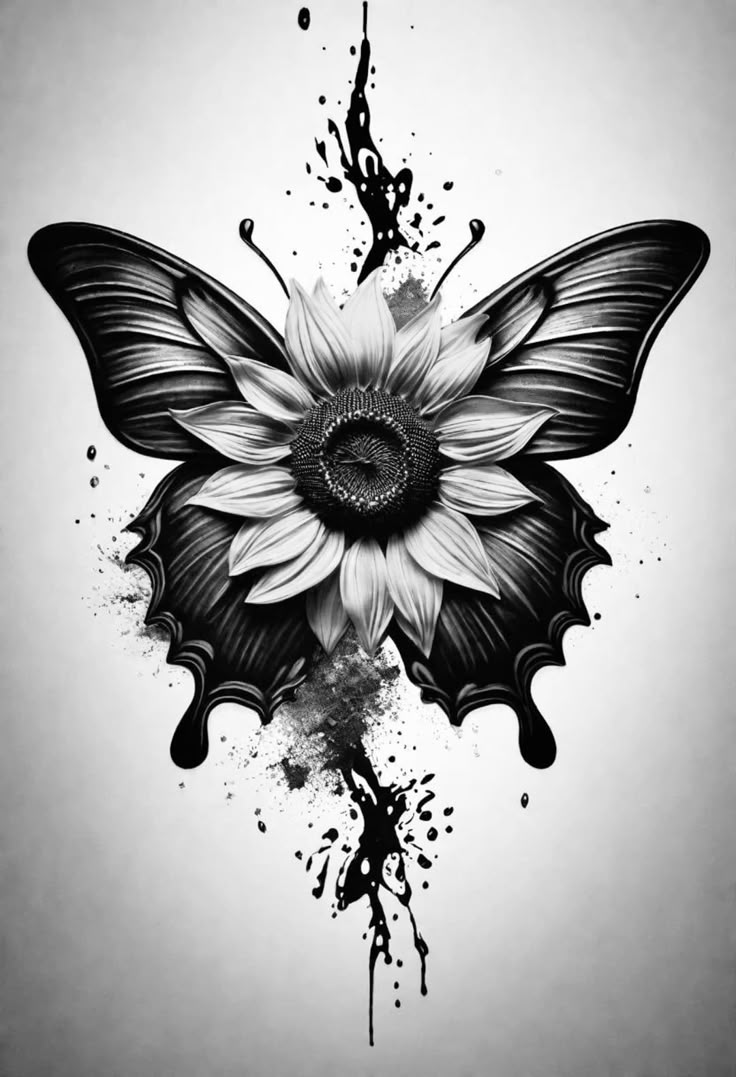 a black and white drawing of a butterfly with paint splatters on it's wings