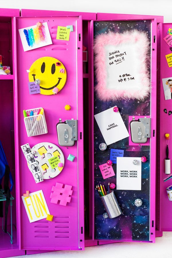 there is a pink locker with many things on it