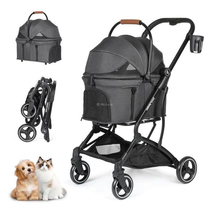 a small dog sitting next to a stroller