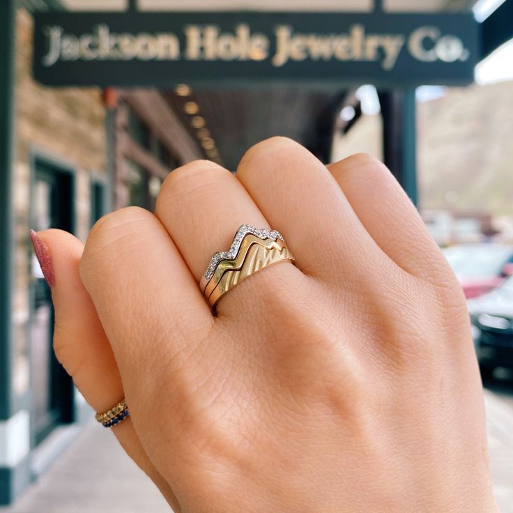 14 Karat White and Yellow Teton Stacking Ring™ (3 Ring Set) - Jackson Hole Jewelry Company Mountain Engagement Ring, Mountain Wedding Ring, Mountain Ring, Mountain Silhouette, Trio Ring, Mountain Engagement, Three Rings, Ring Stack, Ring Stacking