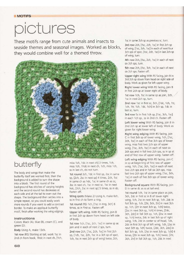 an article about crochet with pictures of butterflies on the front and back of it