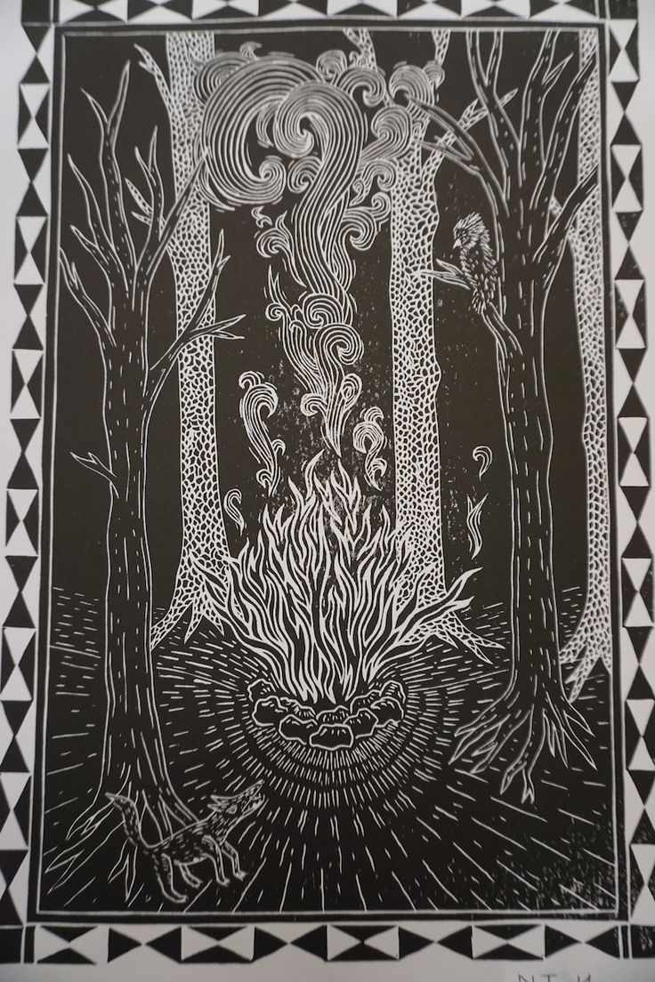 a black and white drawing of trees with fire in the middle, surrounded by triangles