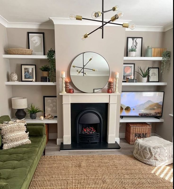 a living room filled with furniture and a fire place in front of a mirror on the wall