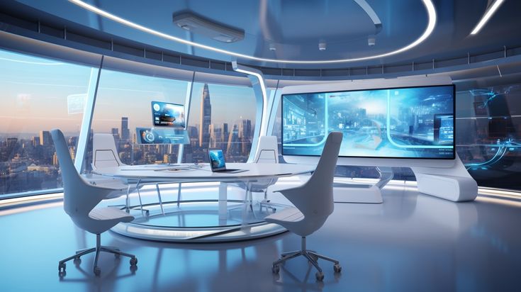 a futuristic office with two monitors on the wall