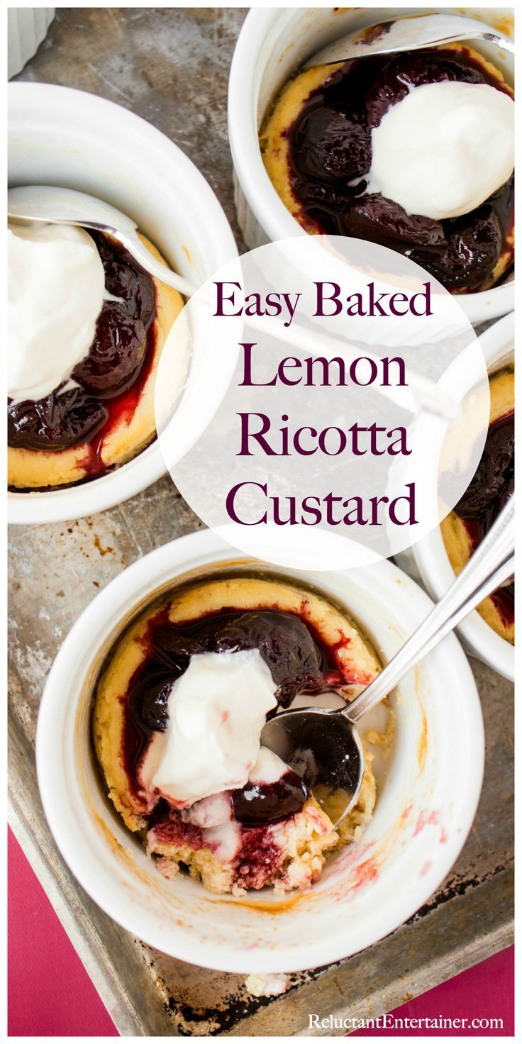 easy baked lemon ricotta custard in white bowls with chocolate sauce and whipped cream