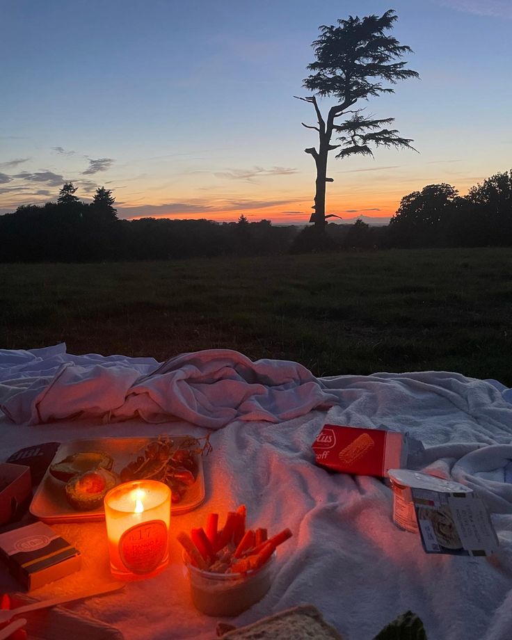 a picnic blanket with food on it and a lit candle in front of a tree