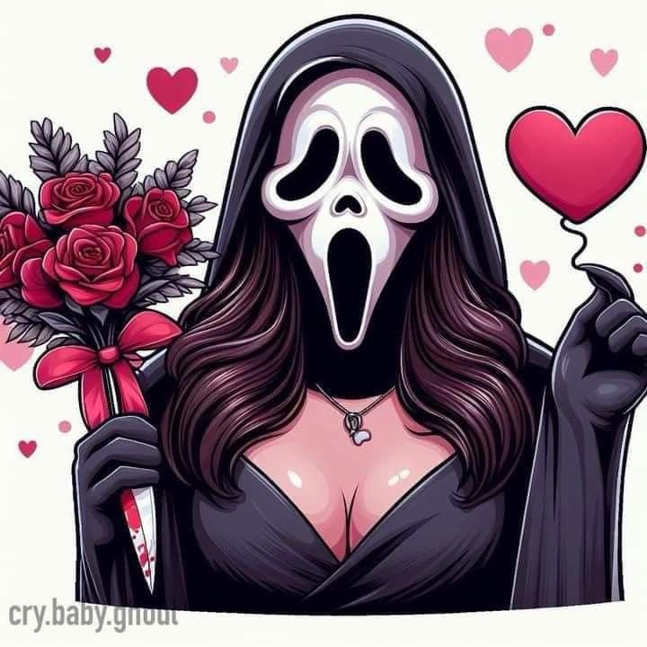 a woman wearing a skeleton mask holding a bouquet of roses and a heart shaped balloon