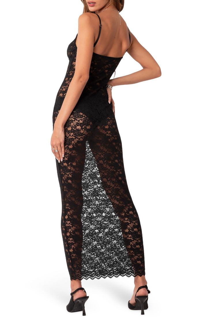 Sheer floral lace and a curve-skimming fit make this skin-baring maxi dress the perfect option for maximum reveal. Sweetheart neck Adjustable straps 95% polyester, 5% spandex Hand wash, dry flat Imported Sheer Lace Floor-length Maxi Dress, Fitted Black Dress With Delicate Lace, Fitted Lace Maxi Dress With Lace Bodice, Fitted Lace Dress With Maxi Length Bodice, Fitted Lace Bodice Maxi Length Dress, Evening Lace Stretch Maxi Dress, Stretch Lace Maxi Dress For Evening, Fitted Backless Maxi Dress With Lace Trim, Fitted Black Maxi Dress With Lace Bodice