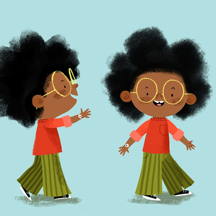 two children wearing glasses and green pants, one with an afro hairdoe on the other