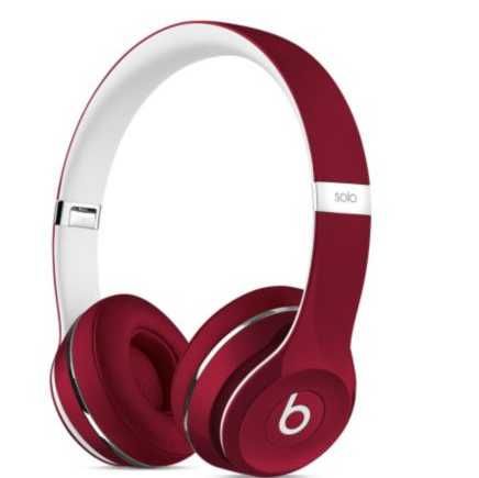 the beats on - ear headphones are red with white trims and silver accents