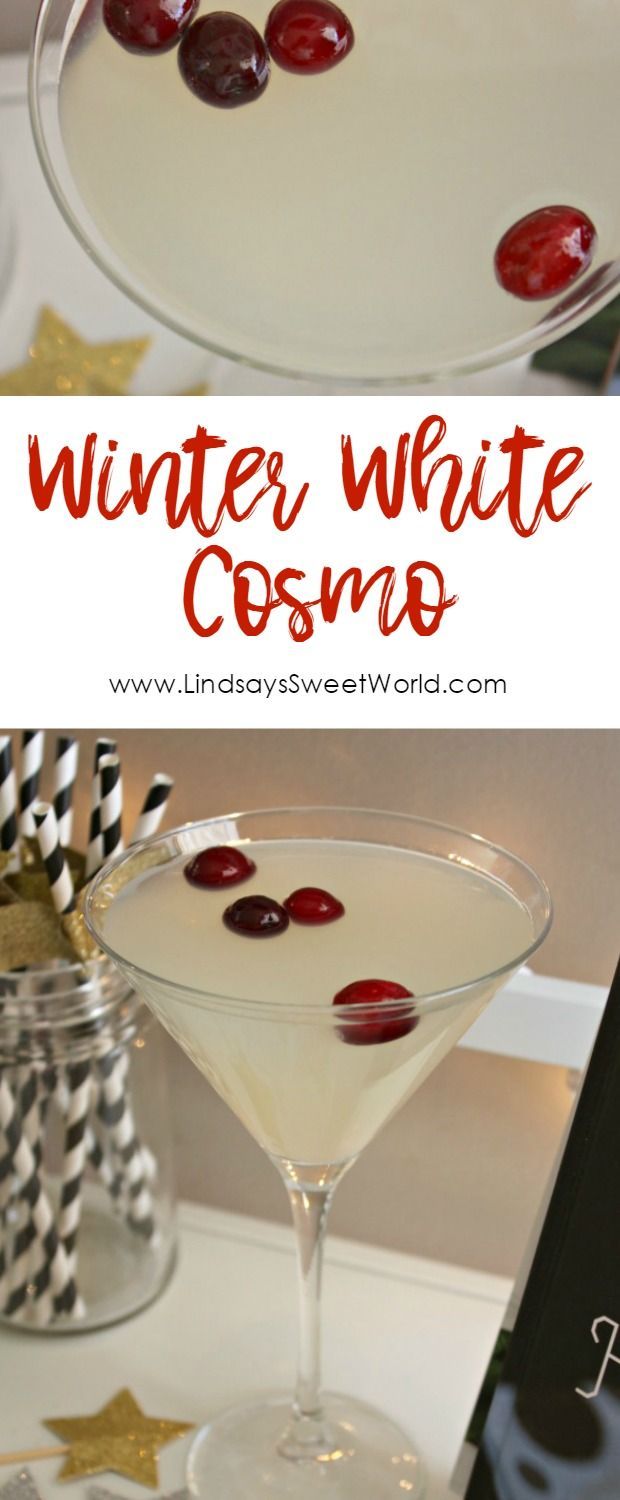 a white drink with cherries in it and the words winter white cosmo on top