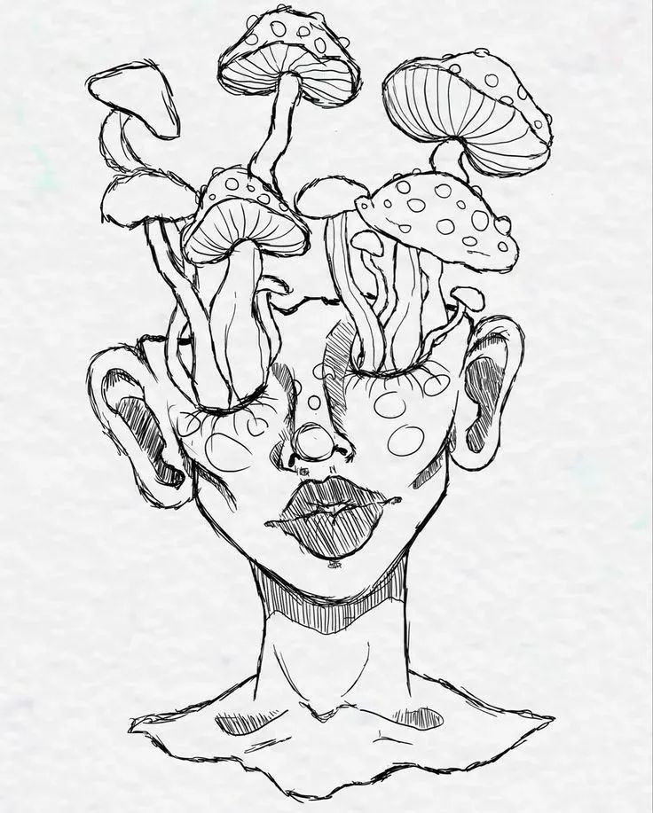 a drawing of a person with mushrooms on their head