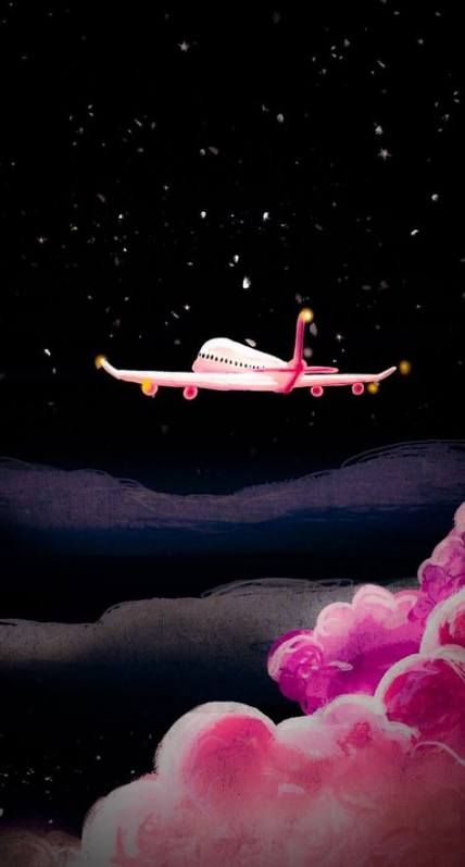 an airplane is flying in the sky with pink clouds and stars around it on a black background