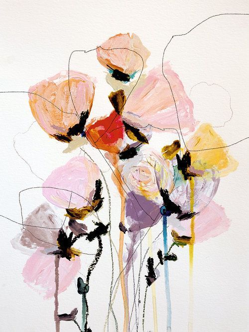 an abstract painting of pink and yellow flowers