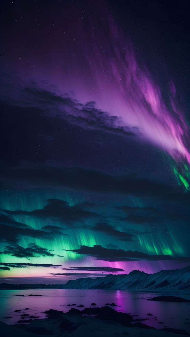 purple and green lights shine in the night sky above an ice covered mountain range, with water below