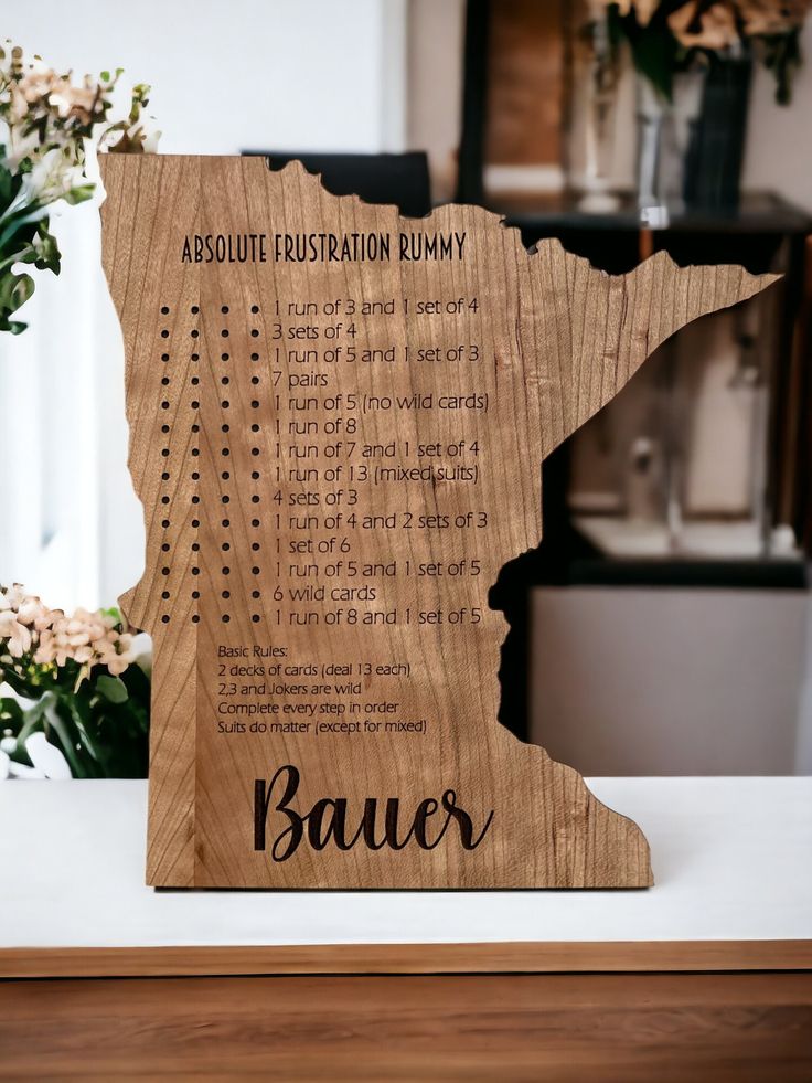 a wooden state shaped with words on it