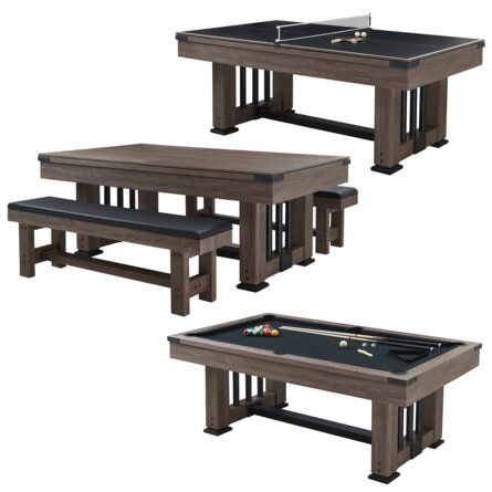 three tables and two benches are shown with a pool table