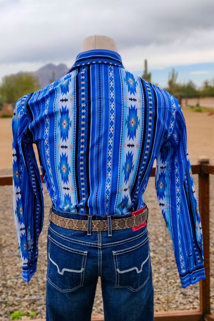 Light blue Aztec makes for an icy combination! Fit - True To Size Cut - Athletic Model is a size Large wearing a Large Brand - Western Wits Fabric - Cotton Designed by an American Small Business Made in the USA Western Style Blue Tops With Buttons, Blue Fitted Western Tops, Fitted Blue Western Tops, Cowboy Shoot, Cowgirl Lifestyle, Casual Cowgirl, Native Fashion, Western Show Shirts, Western Stuff