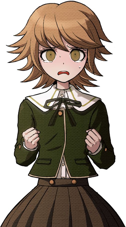 an anime character wearing a green jacket and brown skirt with her hands on her hips