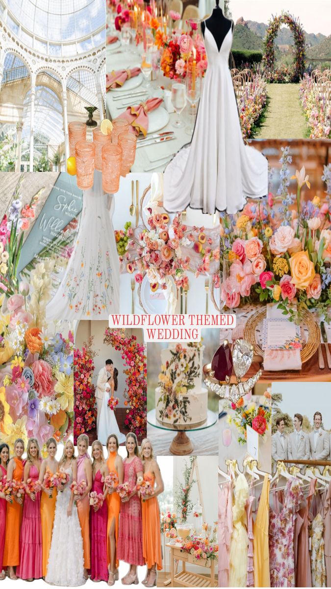 a collage of wedding photos with flowers and dresses