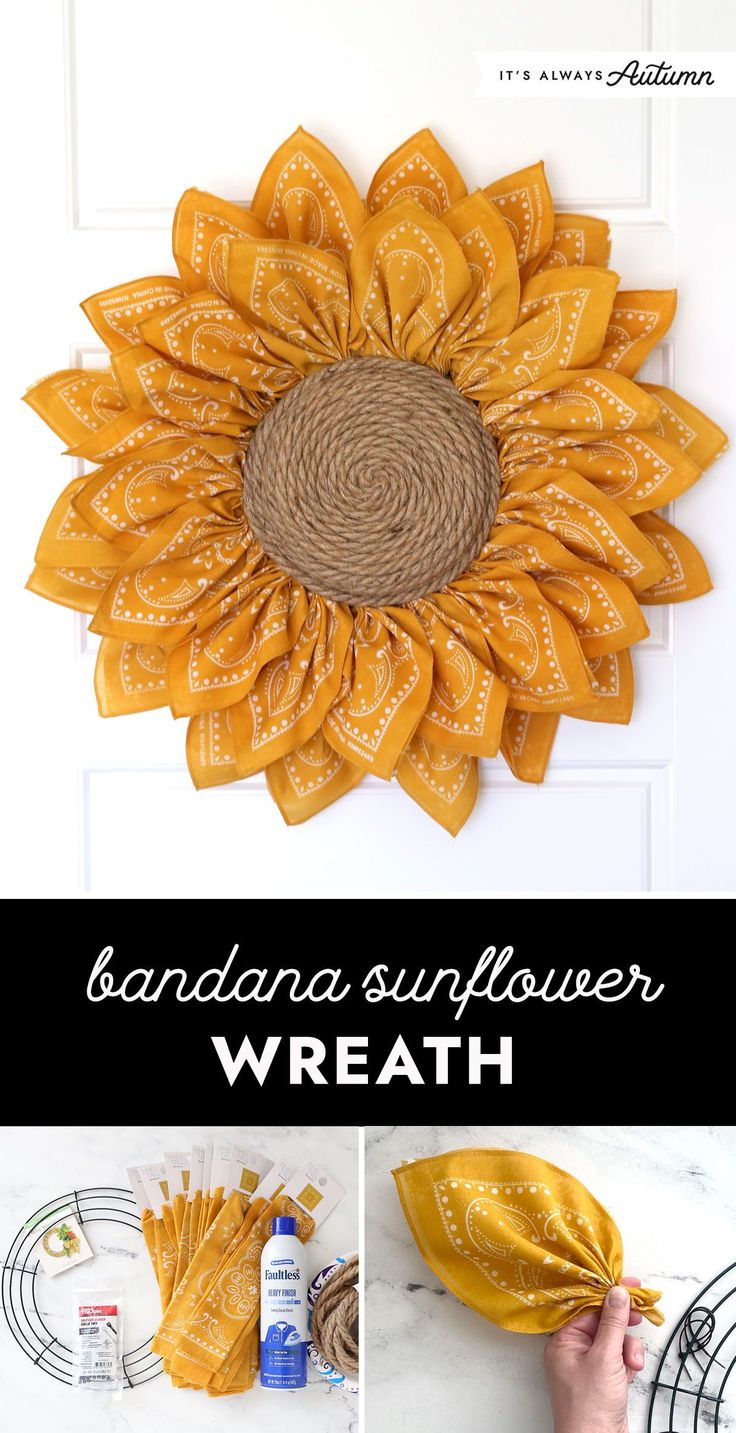 the sunflower wreath is made with fabric and ribbon, it's ready to be hung