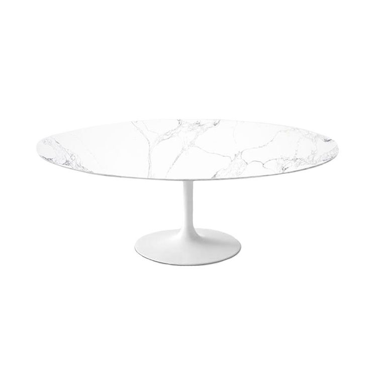 an oval marble table with white base