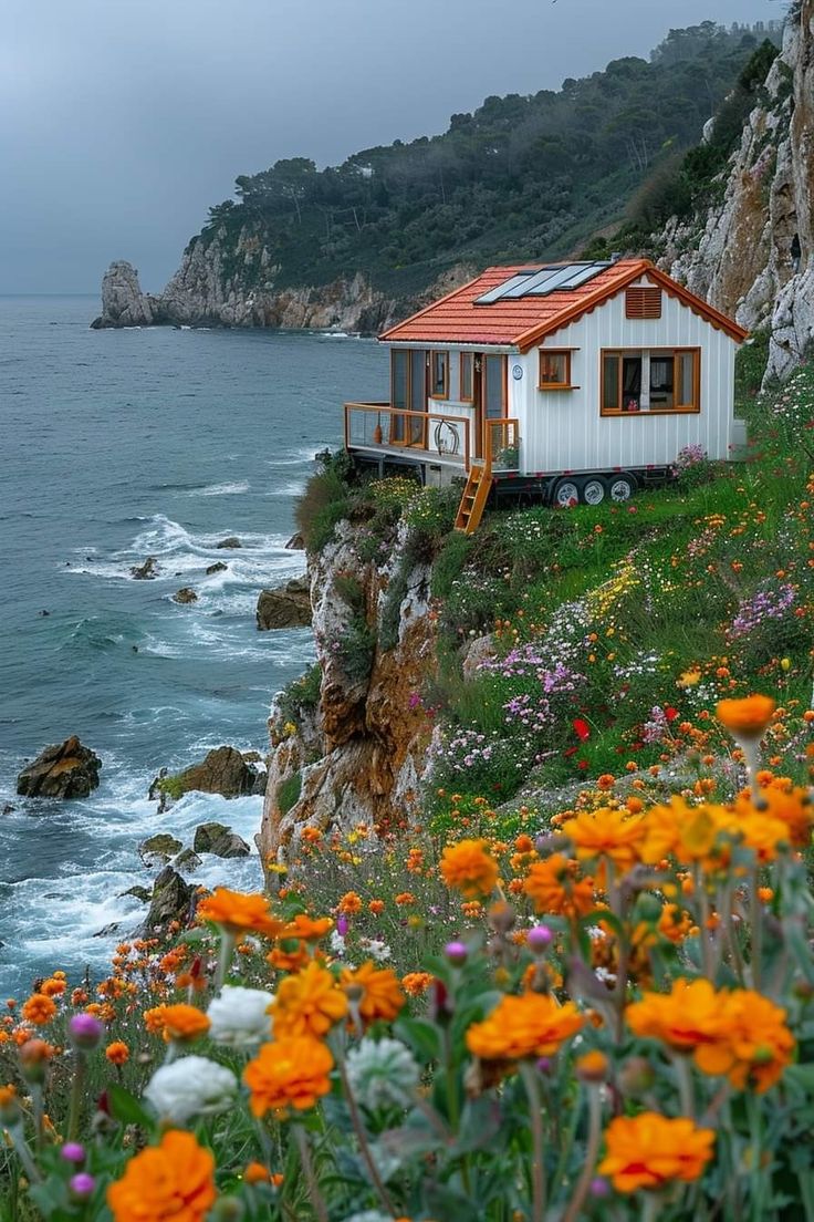 a small house on the edge of a cliff by the ocean with flowers growing in front of it