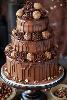 a triple layer chocolate cake with nuts on top