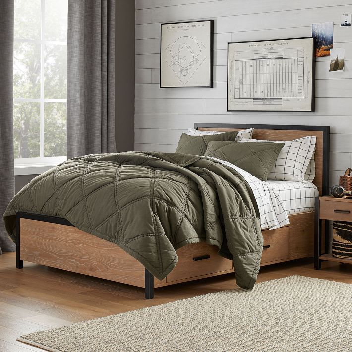 Kearny Storage Bed | Pottery Barn Teen Rustic Boys Bedrooms, Light Grey Bedding, Modern Boys Rooms, Floating Headboard, Themed Kids Room, Boys Bedroom Makeover, Teen Boy Room, Toddler Boys Room, Teen Boy Bedroom