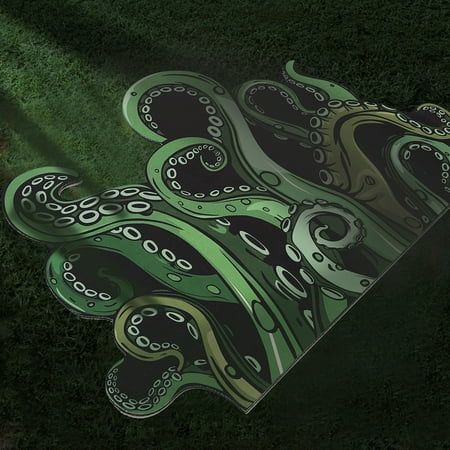 an octopus themed kite flying in the air over some green grass and water with it's shadow on the ground