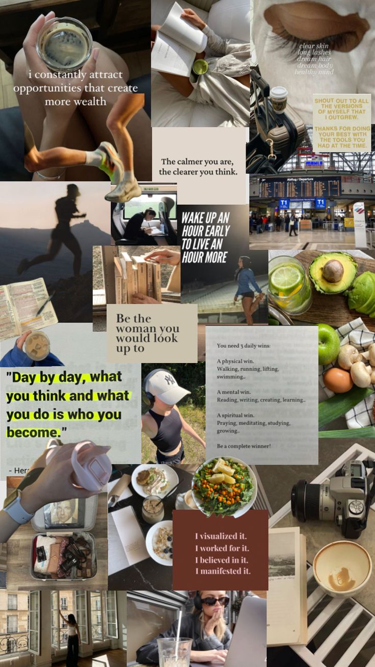 a collage of photos with words and pictures on them that include people, food, and other things