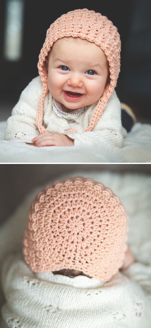 two pictures of a baby wearing a knitted hat and smiling at the camera while laying down