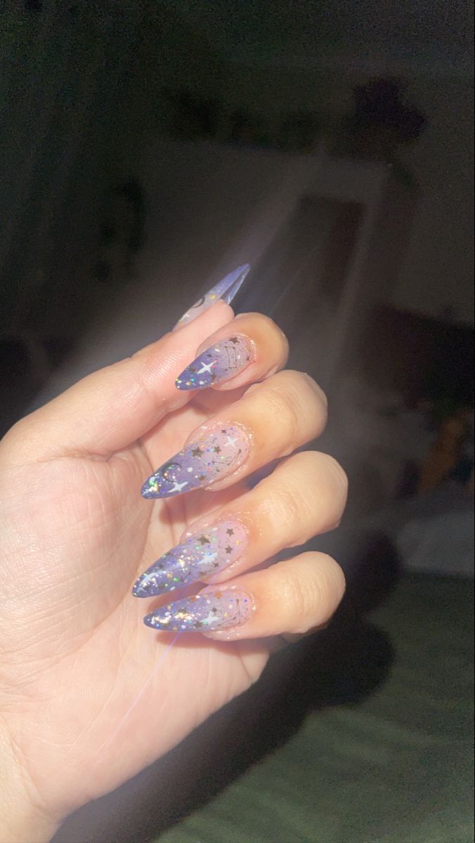 Long Nails With Stars, Nails Moon, Nails With Stars, Celestial Nails, Purple And Silver Nails, Blue Prom Nails, Glitter Gradient Nails, Stars And Constellations, Blue And Silver Nails