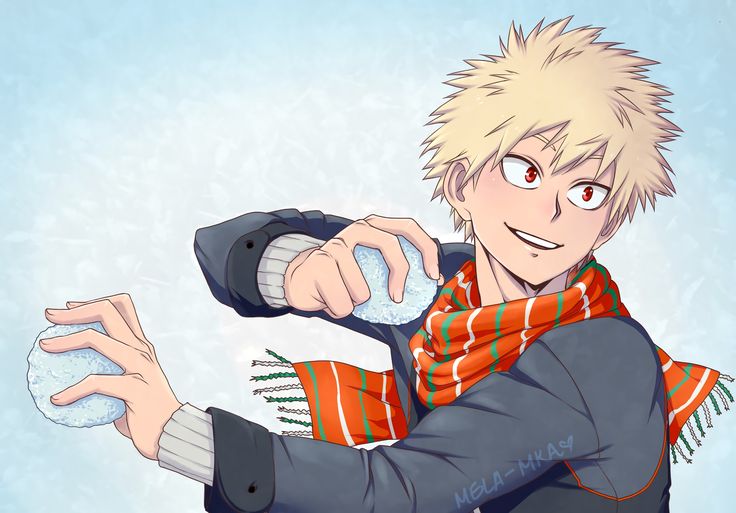 an anime character holding a snowball in his right hand and wearing a scarf around his neck