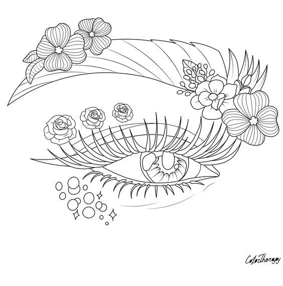 an eye with flowers and leaves on it, in black and white coloring book page