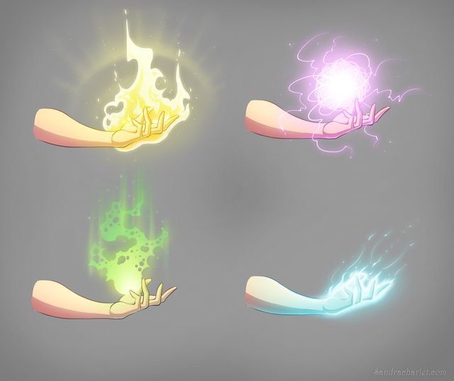 four hands with different colored lights in the middle and one hand holding something on it