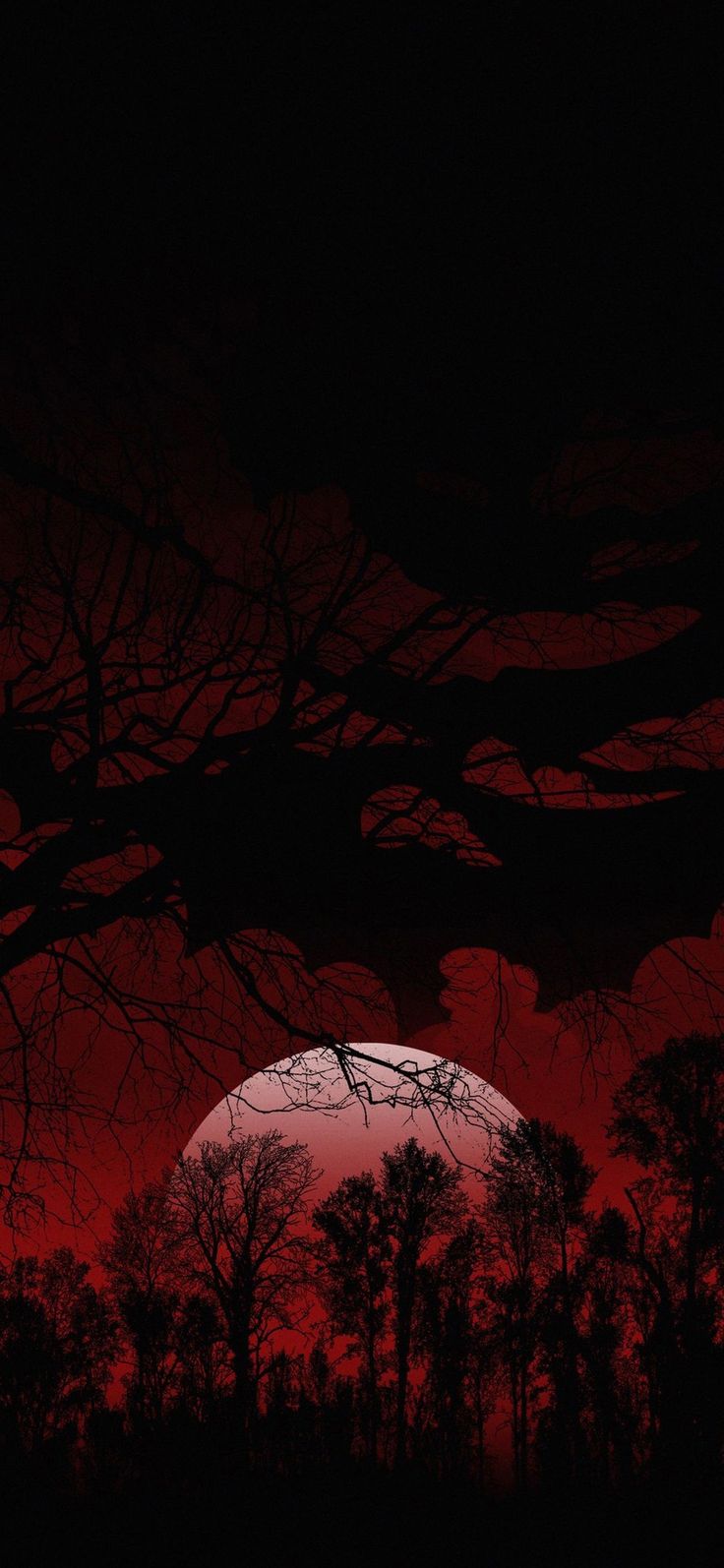 the sun is setting behind some trees in the dark sky with blood red hues