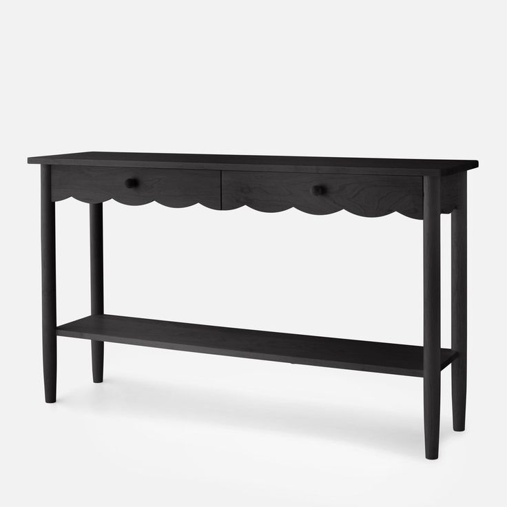 a black console table with two drawers on one side and an open shelf at the top