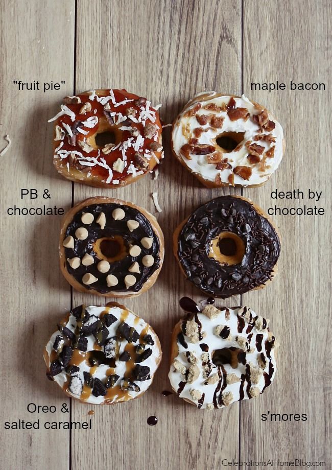 four different types of donuts on a wooden surface with words describing the doughnuts