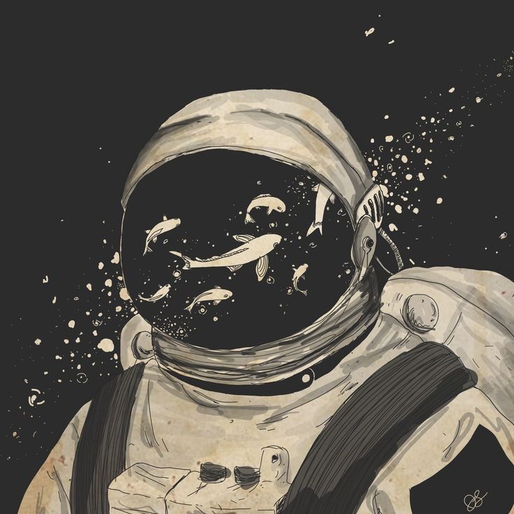 an astronaut floating in the water with fish swimming around his face and head, while looking up at him