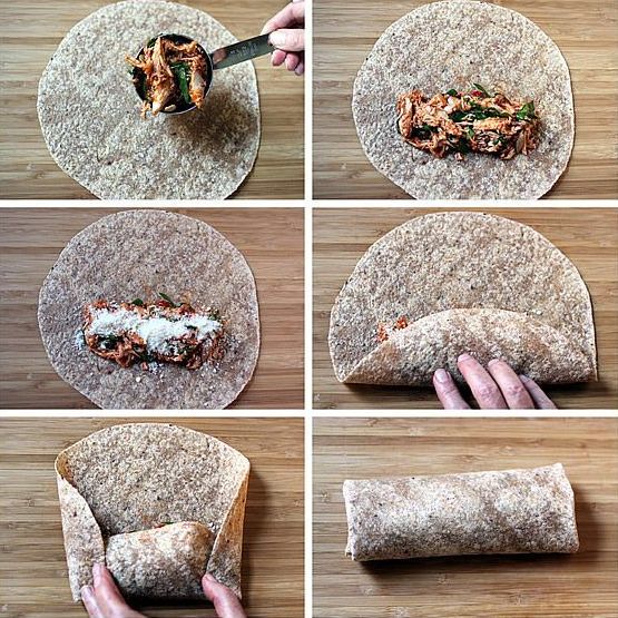 the process of making a tortilla wrap with meat and cheese on it, including toppings